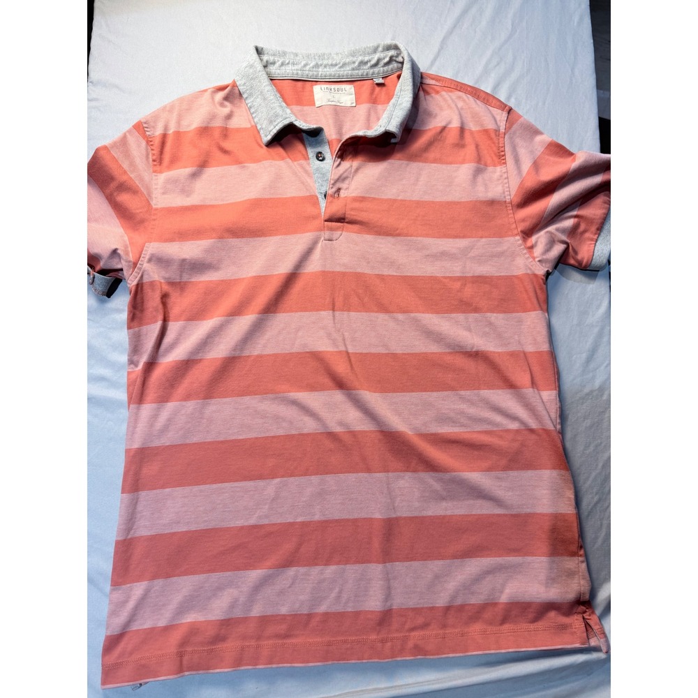 Linksoul‎ Mens Striped Polo Shirt Large Coral Pink Grey Collar Golf Short Sleeve